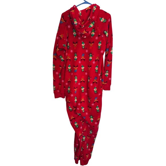 Fleece Hooded Christmas Bodysuit Mens L Red Elf Reindeer Print Family PJs Macys - Picture 2 of 7